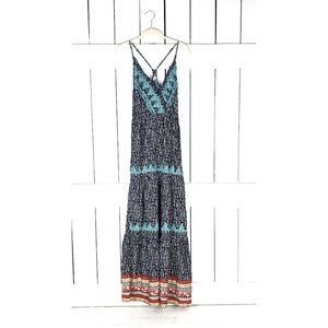 En Creme long blue embroidered tribal IKAT print strappy maxi boho dress